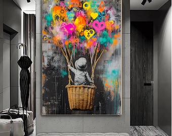 Banksy ballondoek, ballonposter, Banksy Art, muurkunst canvasontwerp, banksy meisje canvas, levendig stedelijk decor, klaar om op te hangen