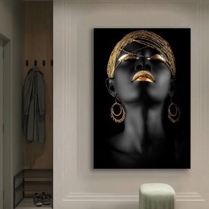 African woman canvas painting, black woman canvas print, african woman painting with glitter texture, gold glitter woman wall decor