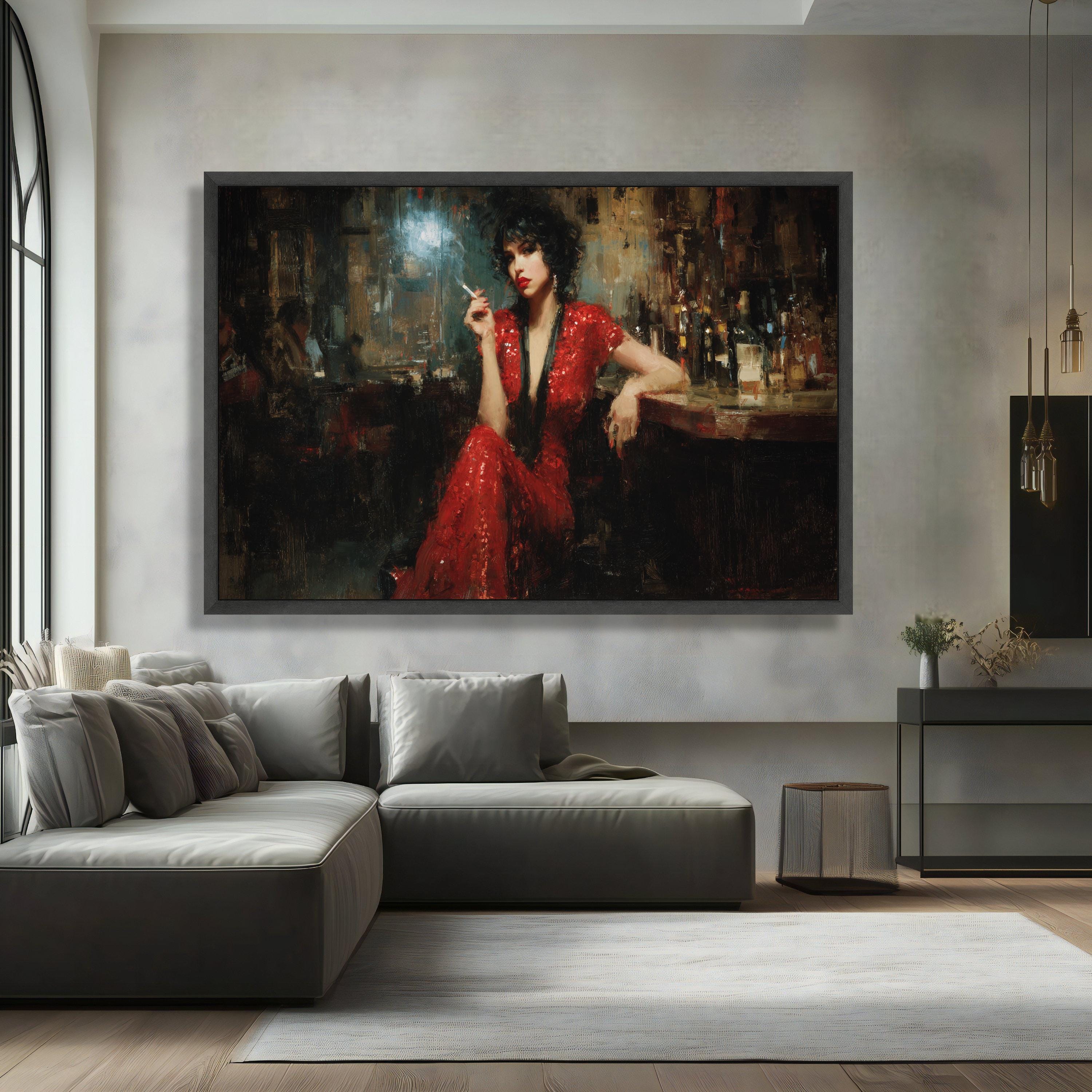 Elegant Woman in Red Dress Canvas, Vintage Bar Scene Wall Art, Chic ...