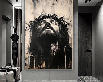 Toile noire couronne d'épines de Jésus, art sacré noir et beige, art mural christ noir, oeuvre d'art religieuse, cadeau chrétien