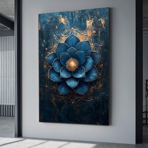 Elegante lienzo con mandala azul, detalles dorados, decoración de pared bohemia, decoración espiritual para el hogar, arte de pared enmarcado listo para colgar, impresión de mandala