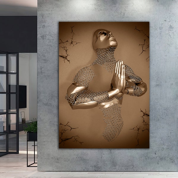 meditation, prayer, giving thanks canvas painting, bronze glitter textured canvas print, 3 d look wall decor