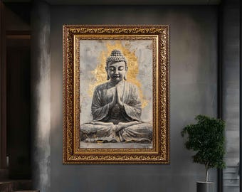 May include: A framed painting of a grey Buddha statue in a meditative pose, with a gold background and ornate gold frame.
