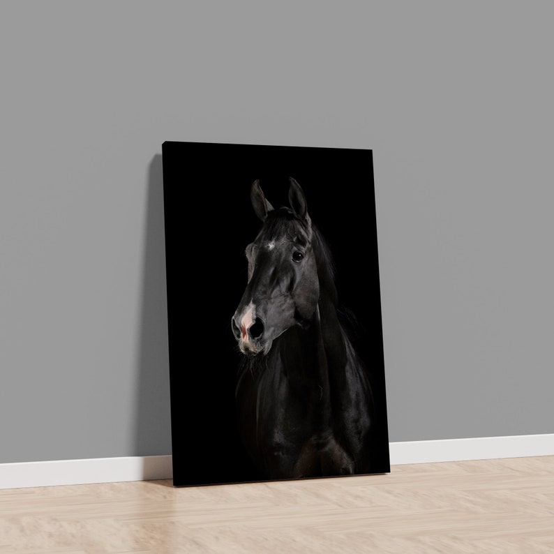 black horse painting, horse canvas print, horse portrait canvas print, black horse wall decor, animal canvas print image 2