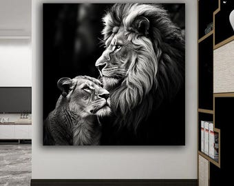 Pintura de león en blanco y negro, lienzo de león y cachorro, póster de familia de leones, decoración de pared de león enmarcada