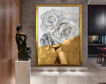 woman with flower head canvas painting, framed woman canvas print, woman poster, woman with rose body painting, framed home decor