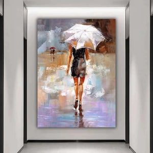 woman with umbrella canvas painting, woman in black dress print, woman walking in the rain painting, woman wall decor