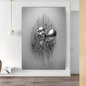 kissing canvas, 3d sculpture effect canvas print, silver glitter textured painting, valentine&#39;s gift canvas, heads wall art