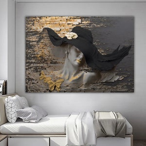 3d effect woman in hat canvas painting, stone woman canvas print, woman wall decor, woman in hat print image 3