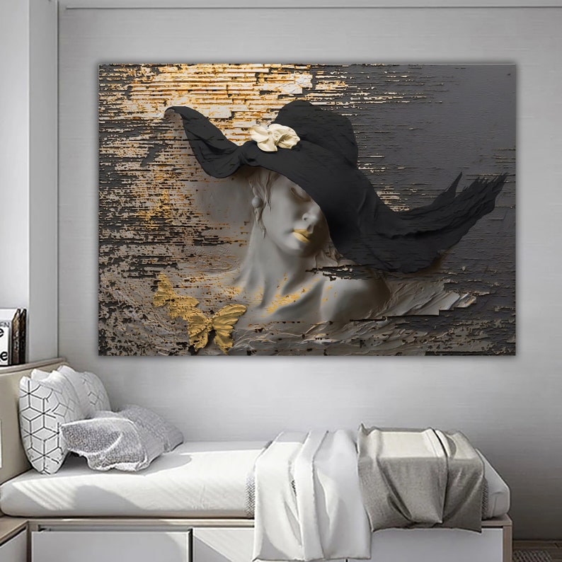 3d effect woman in hat canvas painting, stone woman canvas print, woman wall decor, woman in hat print image 3
