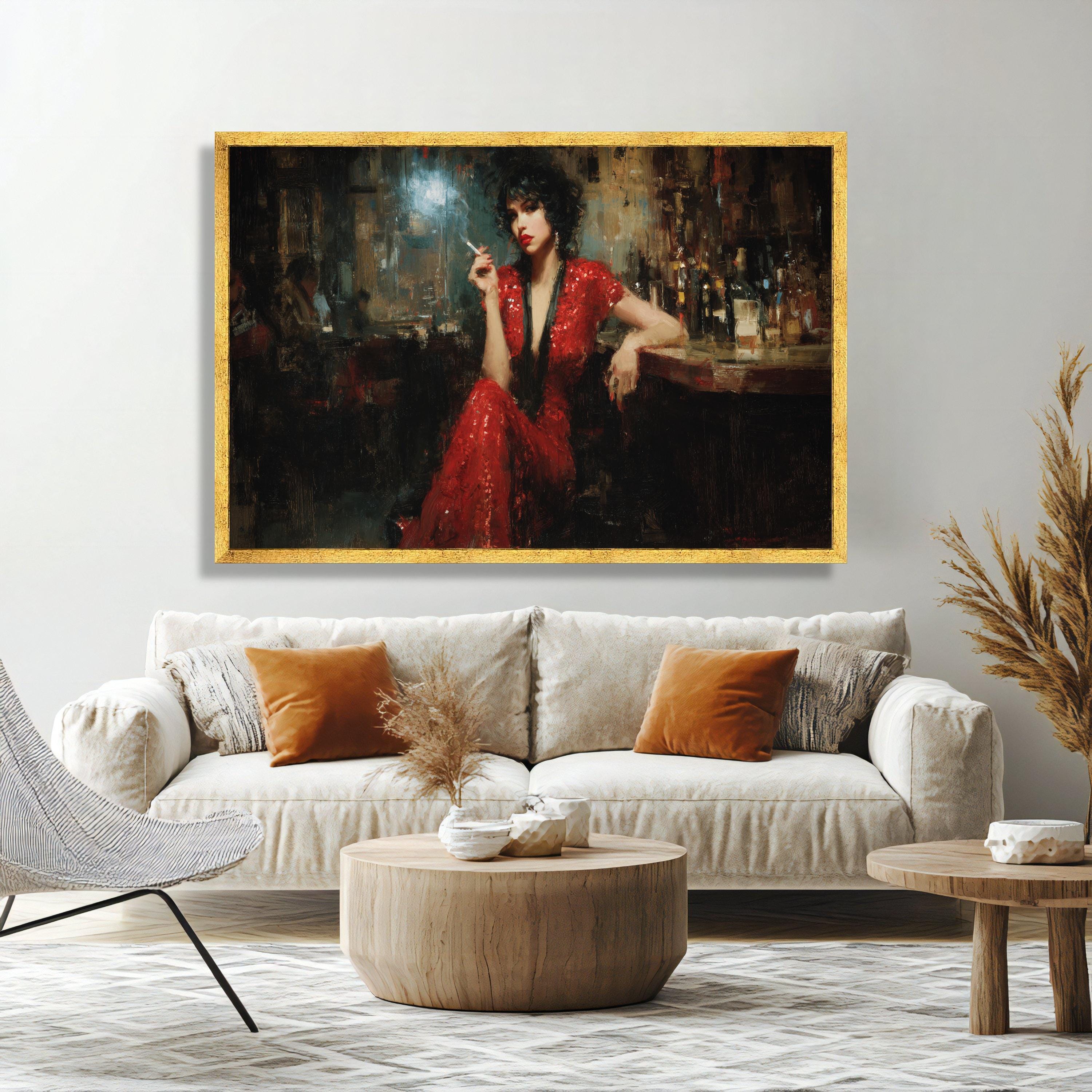 Elegant Woman in Red Dress Canvas, Vintage Bar Scene Wall Art, Chic ...