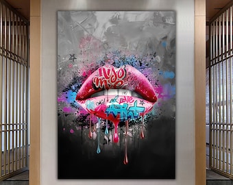 Graffiti lip canvas, pop art lip painting, artistic lip art, pink lip painting, lip canvas print, graffiti art