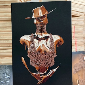 Cowboy women&#39;s icon is an embroidered canvas painting.bronze women&#39;s wall decor, women&#39;s canvas painting with hat with 3d effect