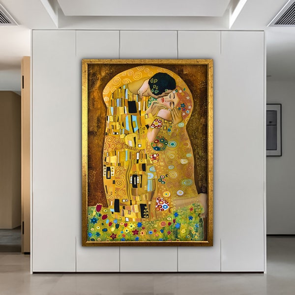 el lienzo de beso, gustav klimt lienzo arte, gustav lienzo arte de pared, gustav pintura, besar arte de pared, lienzo grande