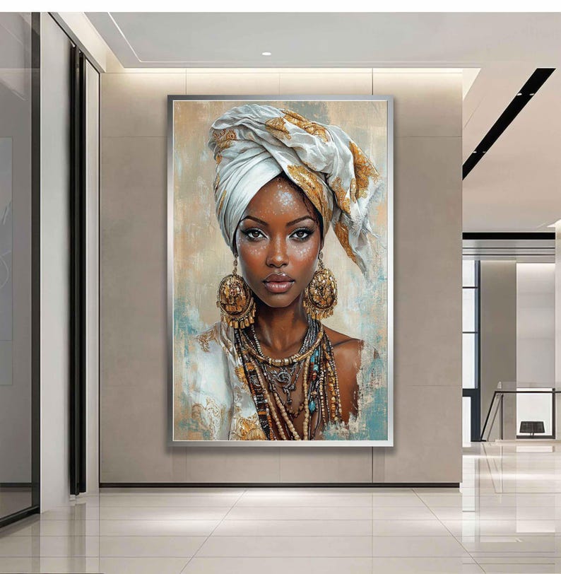 Ethnic african woman canvas, black woman painting, african girl poster, home decor, home gift woman wall art image 2