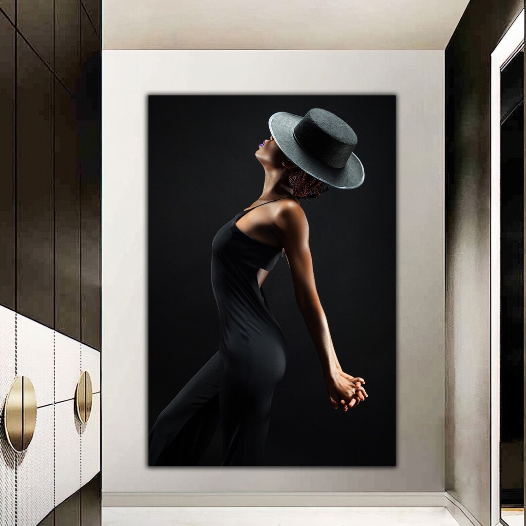Woman in Hat Canvas Painting, Woman Silhouette Canvas Print, Black