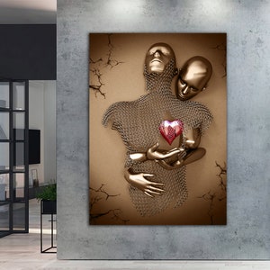 red heart love couples in hand heart canvas print, bedroom canvas painting, glitter textured wall decor, love painting
