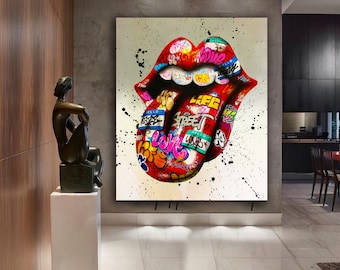 lip graffiti canvas painting, tongue canvas print, graffiti tongue canvas wall decor, colorful lip canvas print, pop art, graffiti art