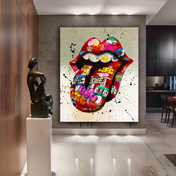 lip graffiti canvas schilderij, tong canvas print, graffiti tong canvas muur decor, kleurrijke lip canvas print, pop art, graffiti kunst