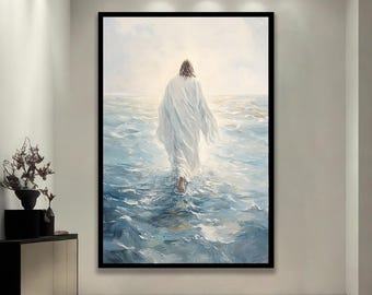 Canvas Jezus loopt op het water canvasafdruk, religieus schilderij, Jezus loopt op water schilderij geloof muurkunst