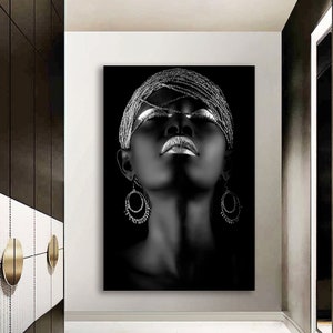 African woman canvas painting, black woman canvas print, african woman painting with silver glitter texture, gold glitter woman wall decor