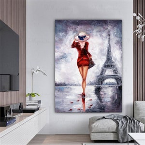 eiffel tower and woman painting, woman in red dress canvas painting, a woman in paris art, woman wall decor