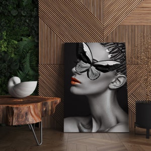 woman with butterfly canvas painting, silver glitter embroidered woman canvas print, gray woman wall decor