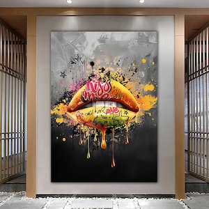 graffiti lip canvas, pop art lip painting, artistic lip art, YELLOW lip painting, lip canvas print, graffiti art