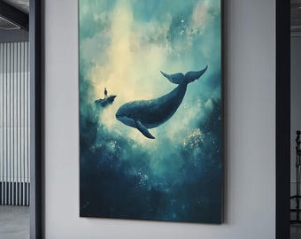Whale Shark Canvas Print, Abstract Ocean Art, Golden Wave Patterns Wall Decor, Underwater Marine Life canvas wall art