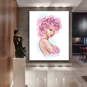 woman with flower head canvas painting , woman with flower head canvas print , woman with flower wall decor , woman with rose body canvasart