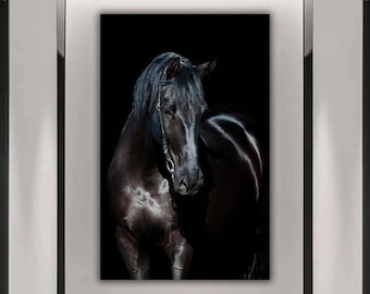 black horse painting, horse canvas print, horse portrait canvas print, black horse wall decor, animal canvas print