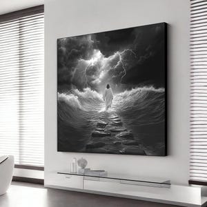 Jesus Walking on Water Canvas Painting – Spiritual Wall Decor, Divine Light Modern Canvas Art, Black and White jesus canvas wall art