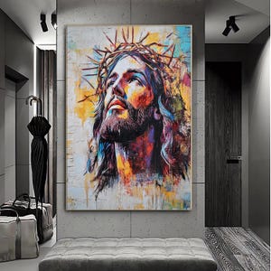 Toile de portrait de Jésus, art coloré de Jésus, paix soit toujours, art mural de Jésus, art mural prêt à accrocher sur toile, art biblique, peinture de Jésus