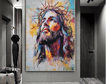 Puede incluir: Una pintura abstracta colorida de una persona con una corona de espinas. La pintura está realizada en un estilo que recuerda al arte callejero. El rostro de la persona está pintado en una paleta de colores brillantes y vibrantes, y la corona de espinas está hecha de espinas afiladas y dentadas.