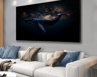 Dark Whale Shark Canvas Print, Abstract Ocean Art, Golden Wave Patterns Wall Decor, Underwater Marine Life wall decor