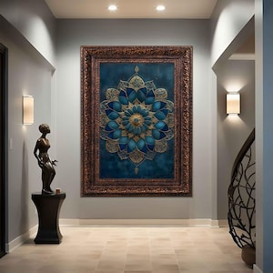Elegant Blue Mandala Canvas Art - Gold Accents, Boho Wall Decor, Spiritual Home Decor, Mandala wall art canavs