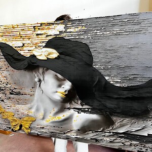 3d effect woman in hat canvas painting, stone woman canvas print, woman wall decor, woman in hat print image 5