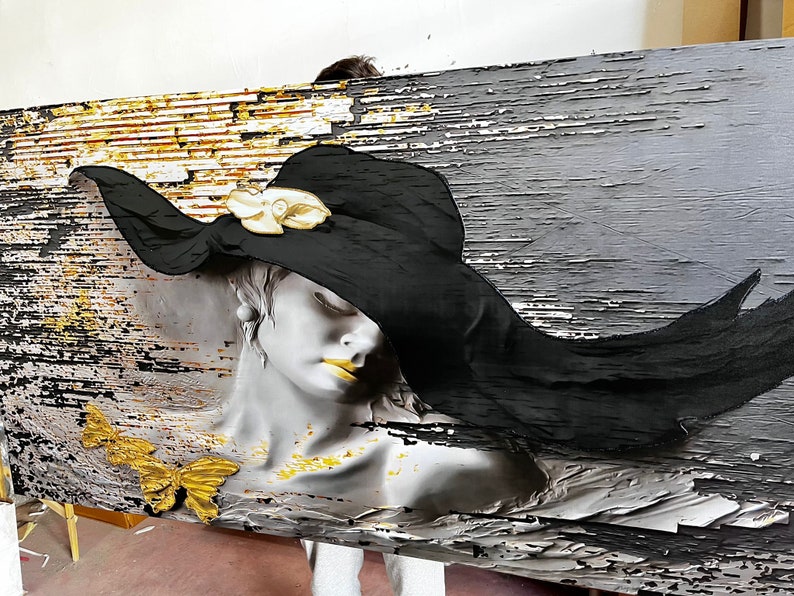 3d effect woman in hat canvas painting, stone woman canvas print, woman wall decor, woman in hat print image 5