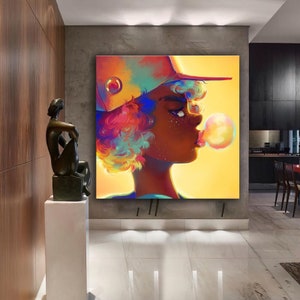 May include: A colorful digital painting of a person with bright blue, pink, and green hair wearing a yellow and orange baseball cap and blowing a bubble. The background is a yellow and orange gradient.