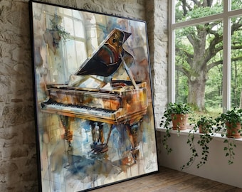 May include: Watercolor painting of a grand piano in a room with a window. The piano is brown with black keys and a dark brown top. The artwork has a soft, watercolor style with blue, brown, and yellow hues.