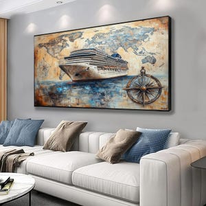 Rustikales Segeltuch auf Leinwand - Vintage Segelschiff mit Kompass, Kompass und Karte - Perfektes Geschenk für Meeresliebhaber und Home Decor