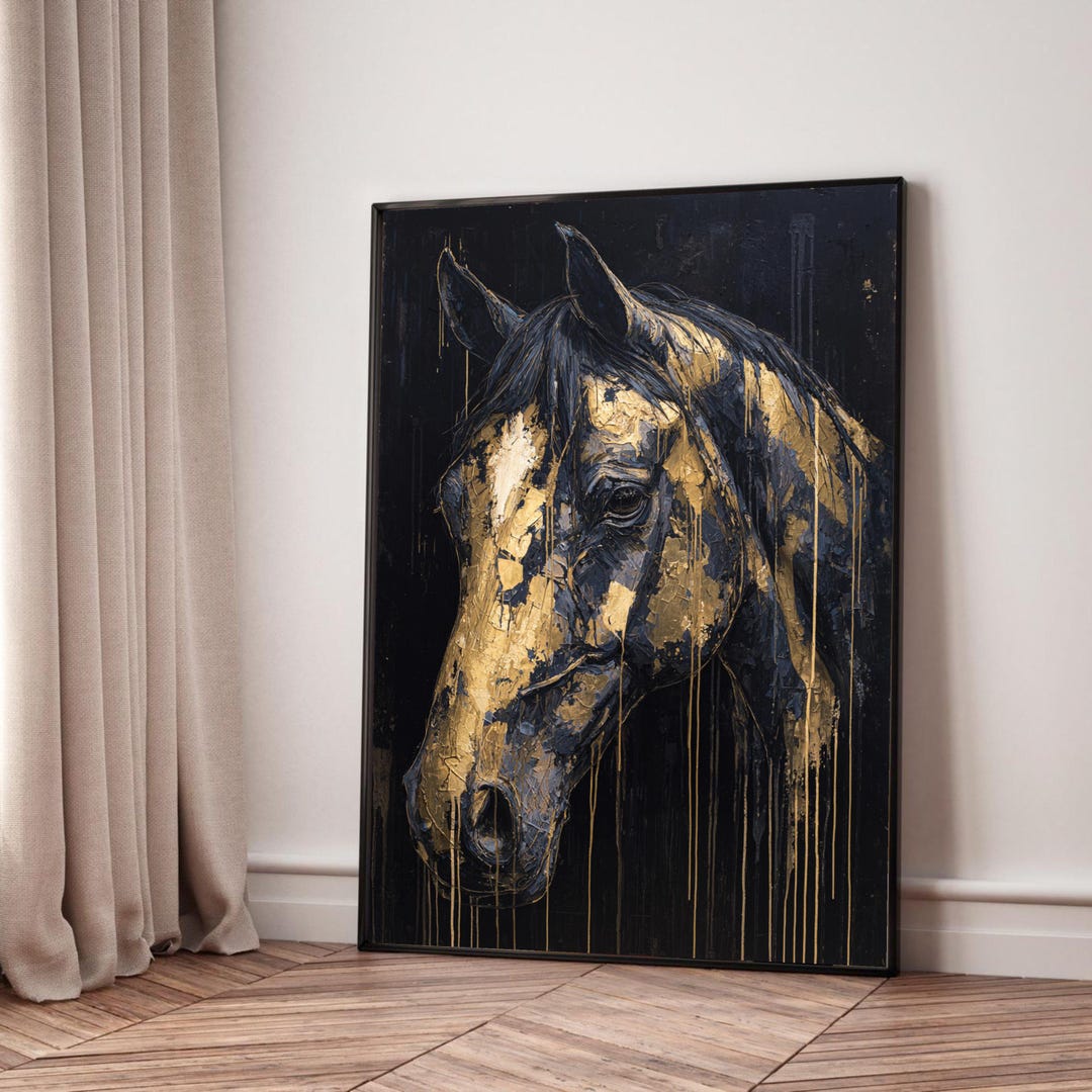 Majestic Horse Portrait Canvas, Gold and Black Abstract Horse Wall Art ...