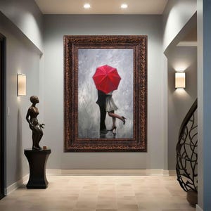 Romantic Wall Art - Couple In Love In The Rain Under Umbrella Impressionist Painting Canvas Print - Bedroom Decor, canvas wall art