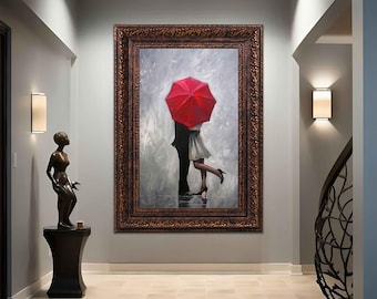 Romantic Wall Art - Couple In Love In The Rain Under Umbrella Impressionist Painting Canvas Print - Bedroom Decor, canvas wall art