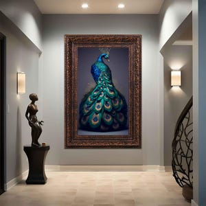 Blue Peacock Canvas Print,  Peacock Artprint, Modern Wall Art, Rustic framed peacock wall art canvas