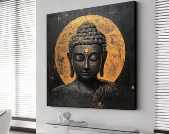 Serene gold and black buddha canvas, buddha portrait, meditation wall art, buddhism home decor