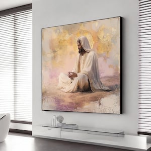 Jesus Christ praying on canvas, Jesus painting in gold and beige colors, rustic Jesus wall decor, Jesus poster