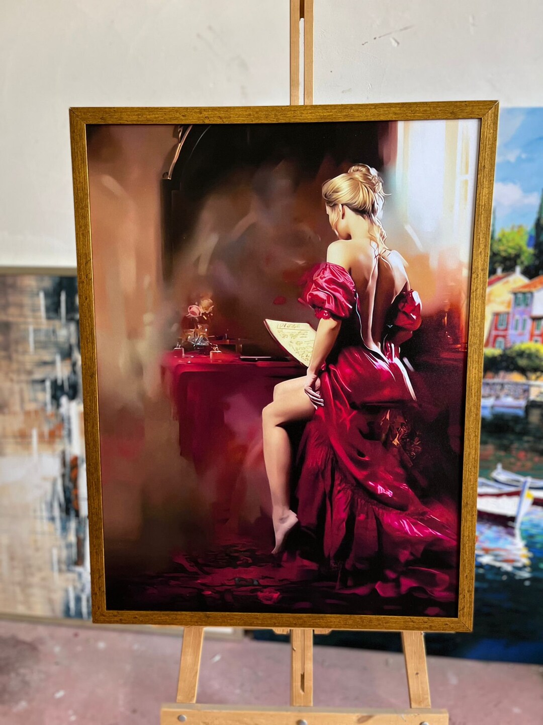Woman in Red Dress Canvas Painting, Framed Woman Painting, Woman Facing