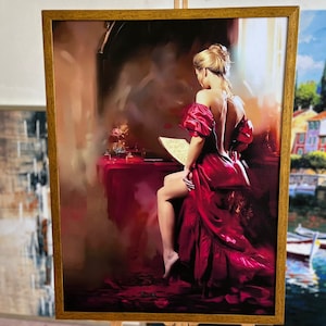 woman in red dress canvas painting, framed woman painting, woman facing back canvas print, picture of beautiful lady in dress