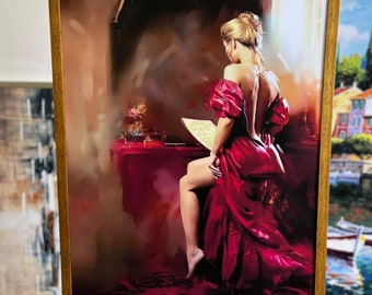 woman in red dress canvas painting, framed woman painting, woman facing back canvas print, picture of beautiful lady in dress